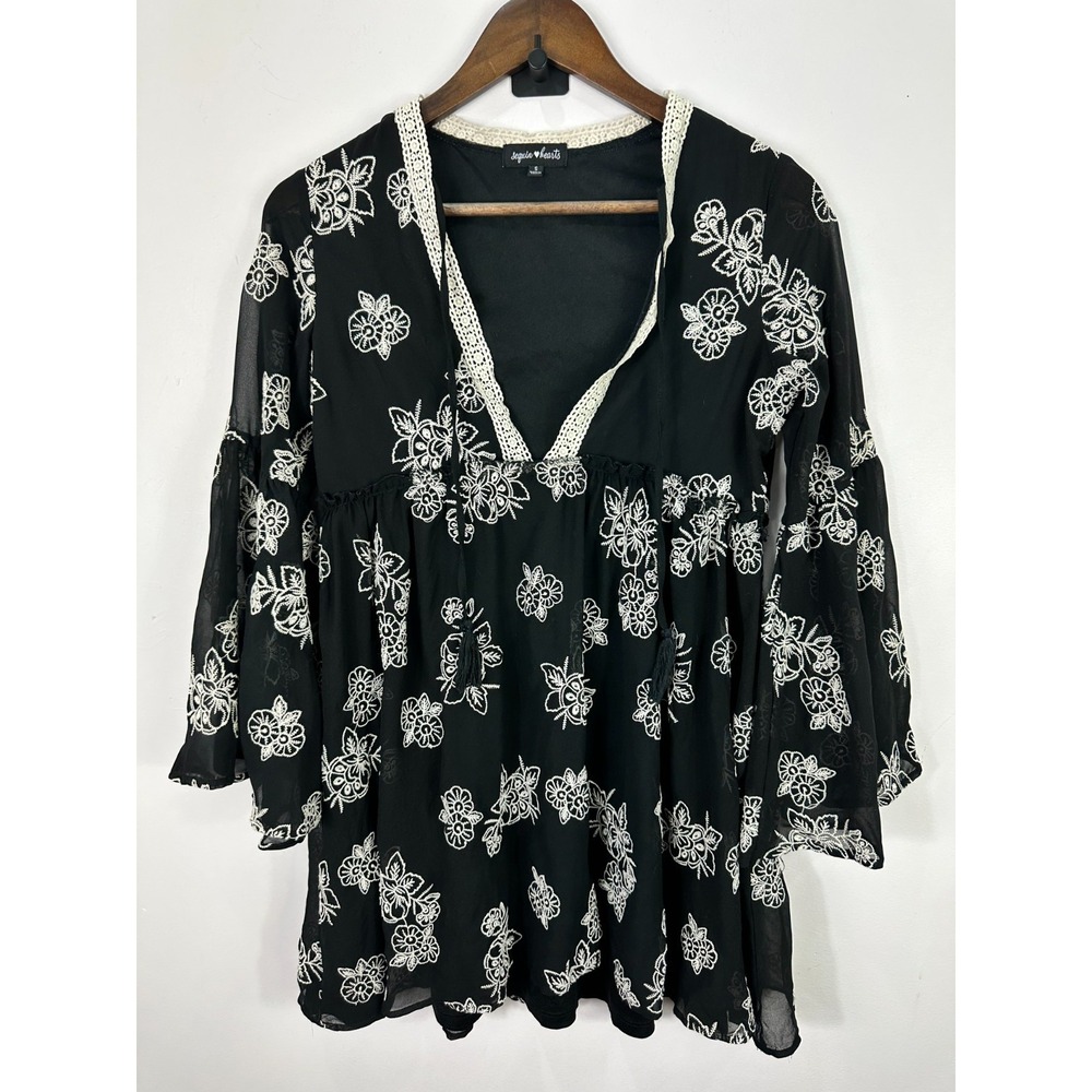 Sequin Hearts Babydoll Dress Womens Small Black Floral Embroidered Boho Y2K